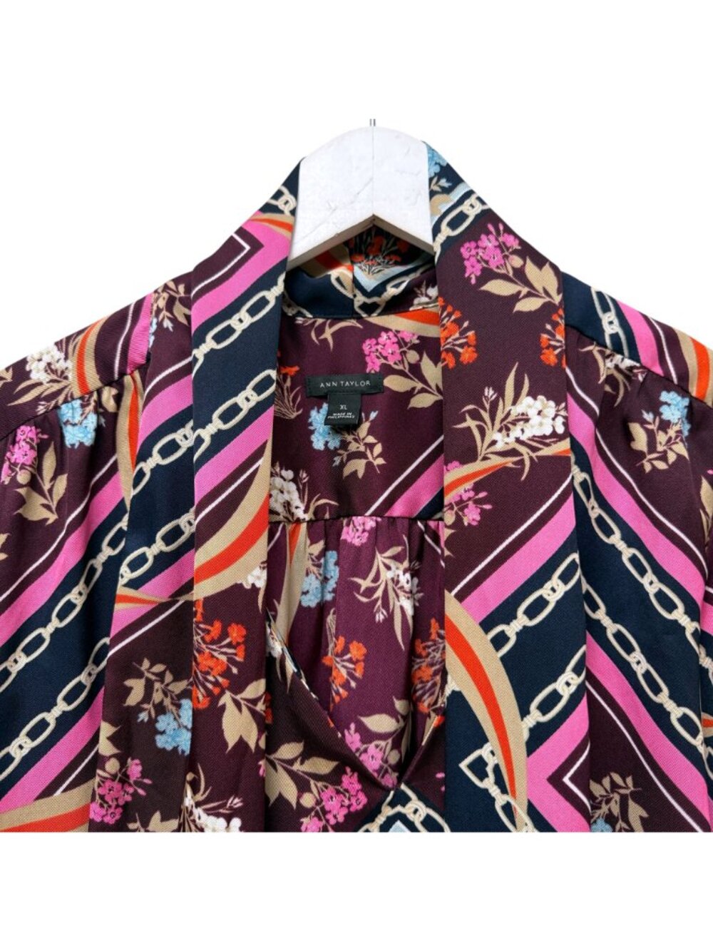 Ann Taylor Bow Blouse XL Burgundy Floral Link Print Career Office Womens Top - Picture 6 of 8